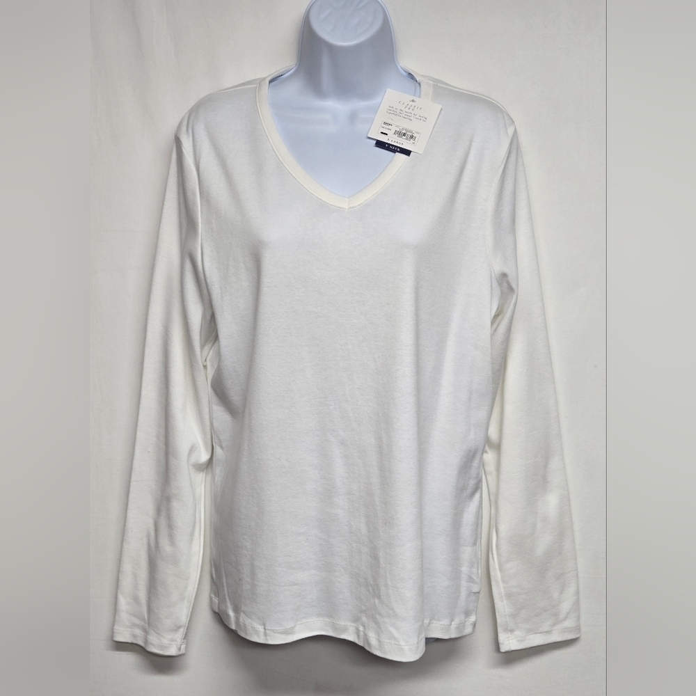 Croft & Barrow XL White Classic Tee Long Sleeve V Neck Ribbed Knit Cotton New